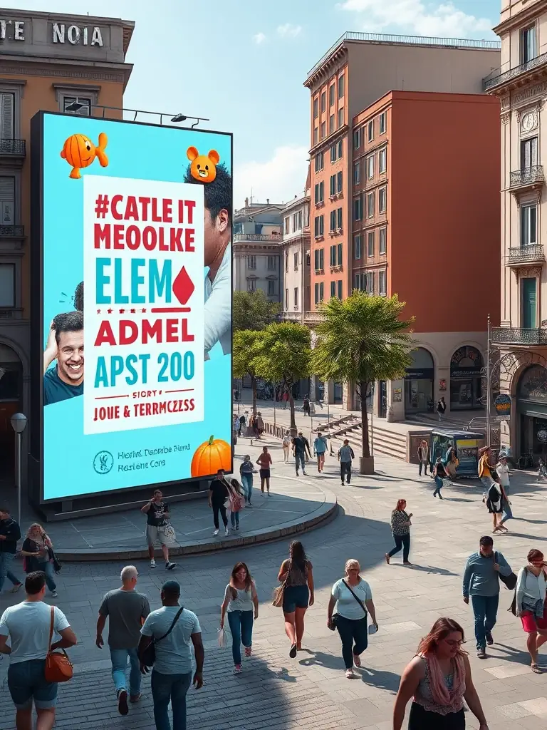 An image of a local event's advertisement displayed on the LED wall, featuring event details, dates, and a call to action, set in a lively public space in Adrano.