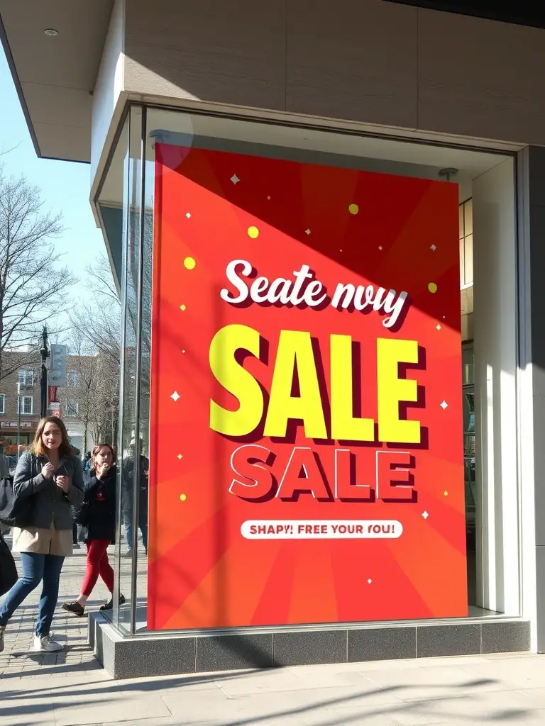 A dynamic image featuring a retail store's seasonal sale advertisement on the Misalcrav LED wall, with shoppers nearby reacting positively to the display.